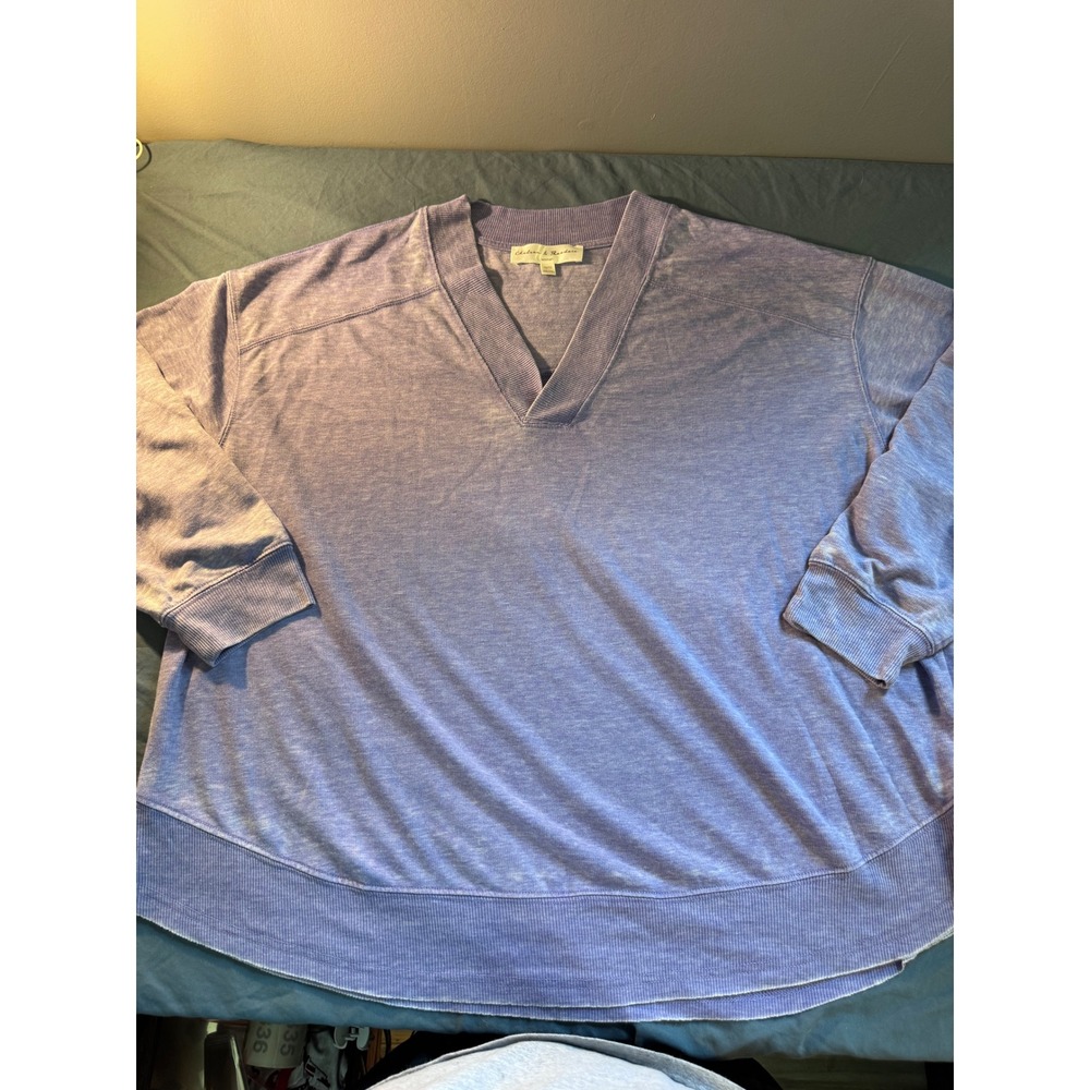 Chelsea‎ & Theodore Lavender V-Neck Pullover Top 1X Purple Ribbed Hem Sweatshirt